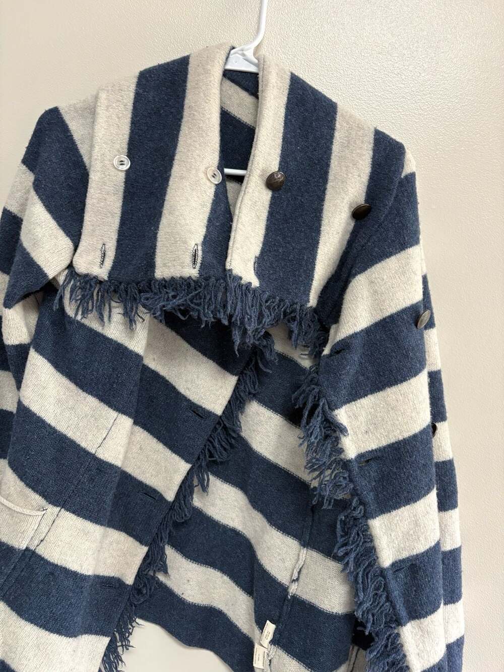 Free People Lambswool Striped Fringe Cardigan Navy Gray Open Front - Picture 1 of 5